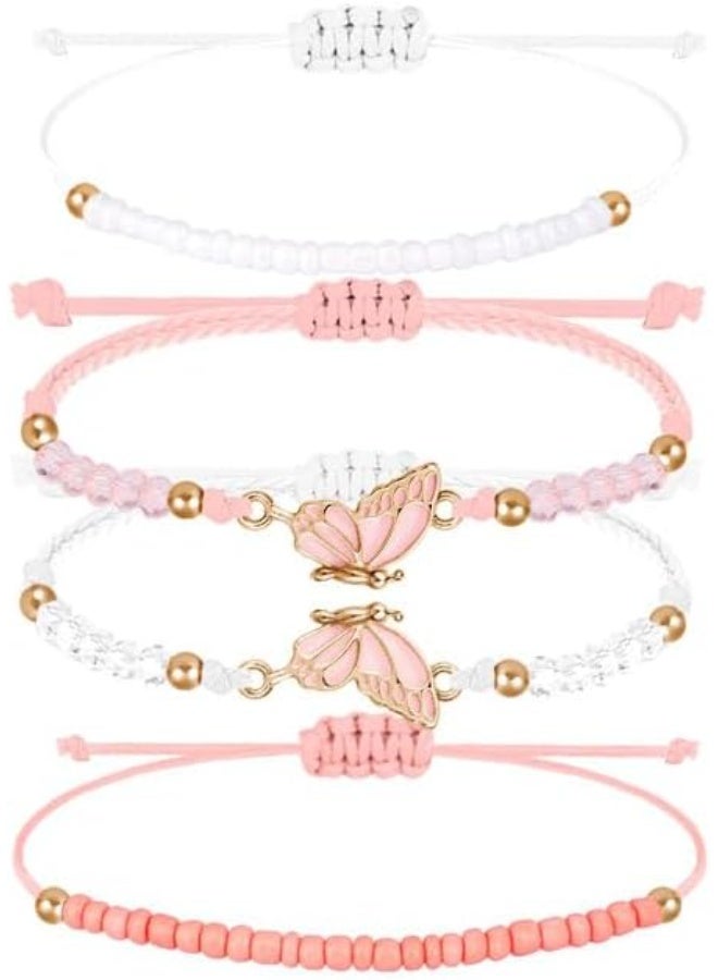 CLENEA BFF Bracelets for 2, Butterfly Matching Bracelets, Set of 4 Adjustable Strand, Best Friends Bracelet, Friendship Bracelets, Braided Rope, Jewelry Gifts, for Teen Girls Women Couples, Pink and White - Image 2